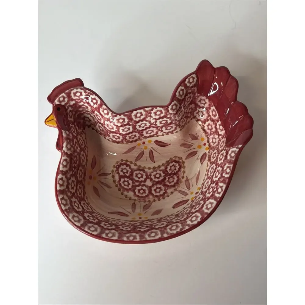 Temp-tations Old World Red Chicken Hen Bowl Stoneware Ovenware Farmhouse 0.5 Qt